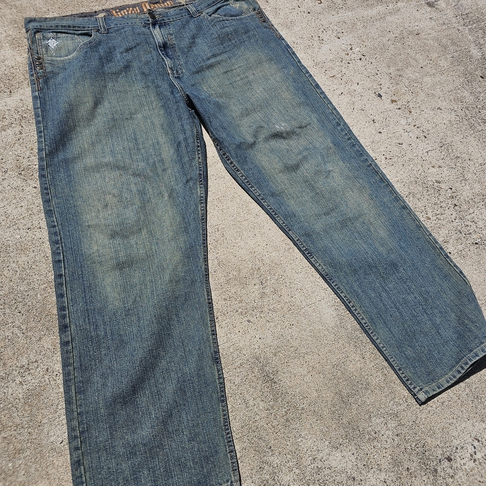 Y2K Baggy Jeans Jinzu Denim Embroidered Studded Gothic Cross Streetwear 44x34